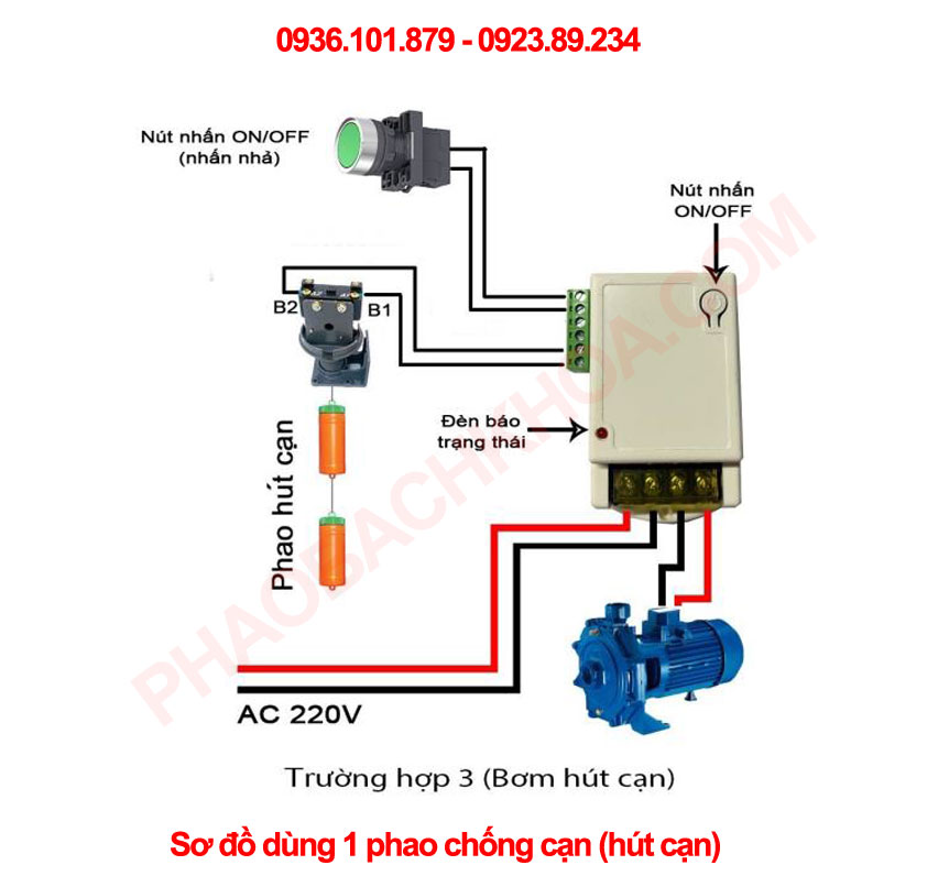 Sơ đồ nối rờ le 12v với 1 phao điện hút cạn - chống tràn bồn nước.
