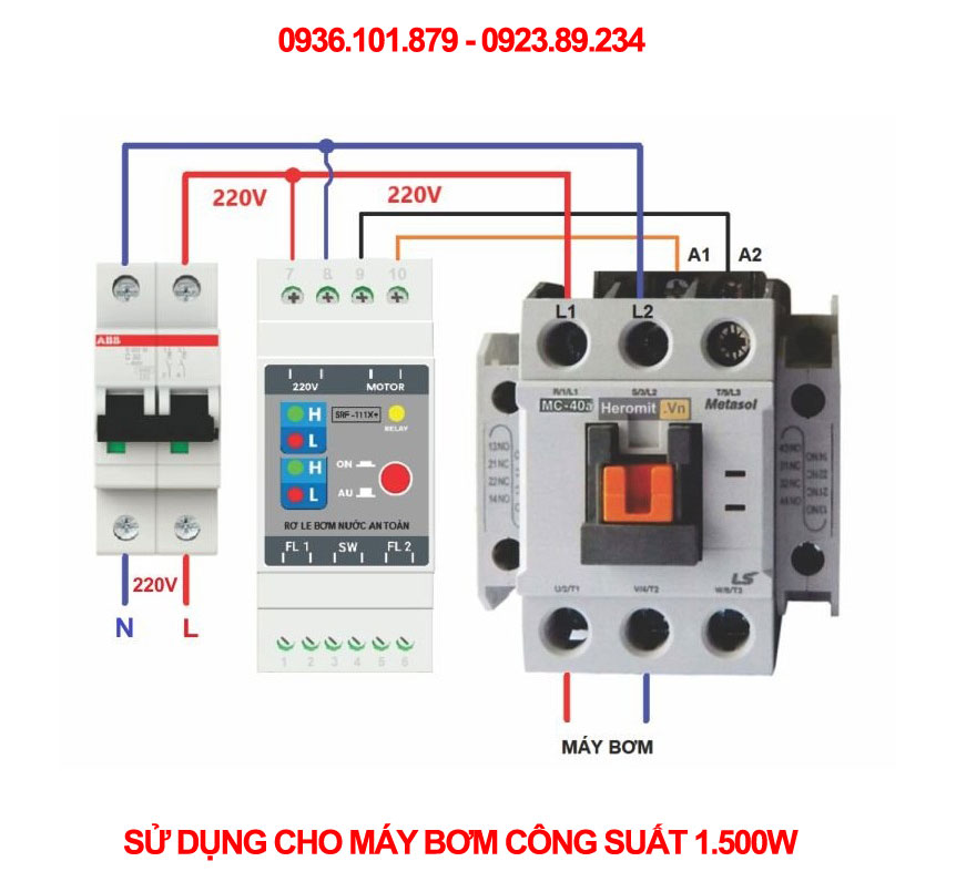 Rờ le phao điện đa năng sử dụng máy bơm công suất 1500w.