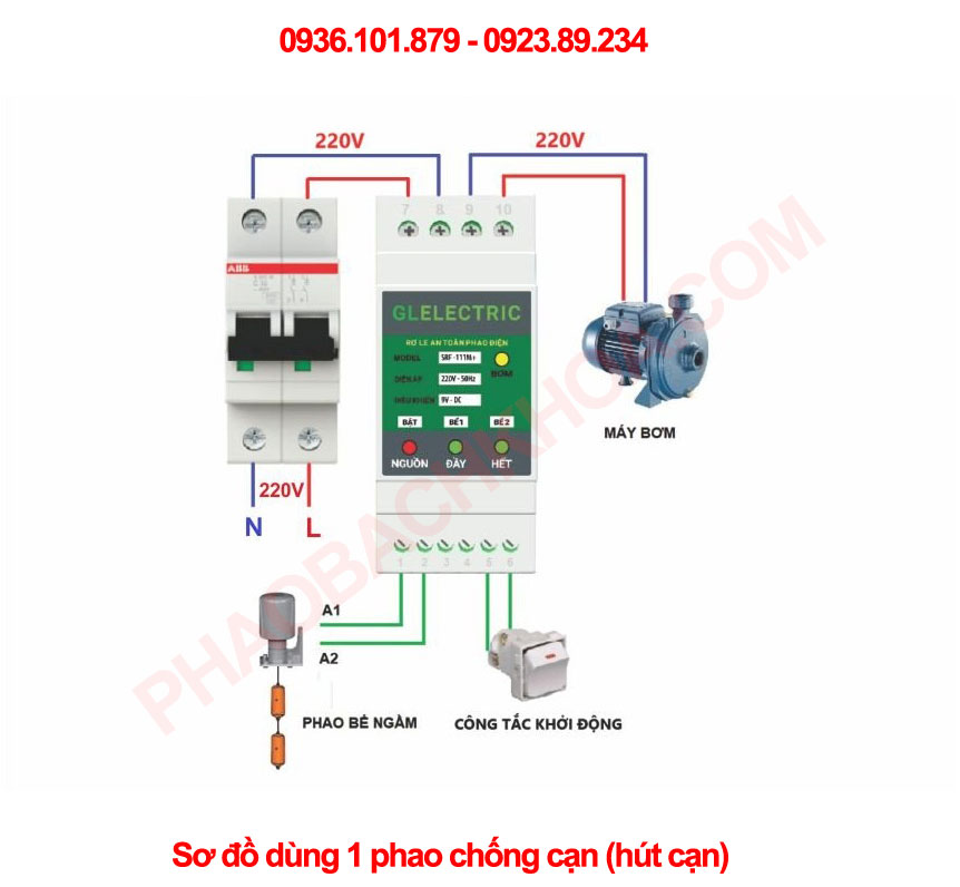 Rờ le phao điện 9v SRF-111M Plus sơ đồ sử dụng 1 phao điện chống cạn bơm hút cạn