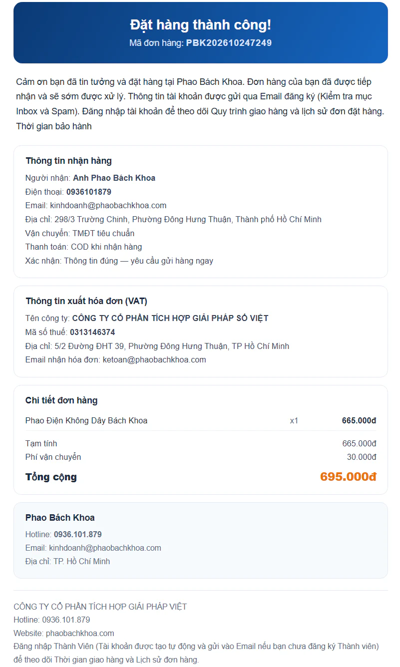 Email xác nhận đơn hàng Phao Bách Khoa gồm thông tin nhận hàng, thông tin xuất hóa đơn VAT và chi tiết đơn