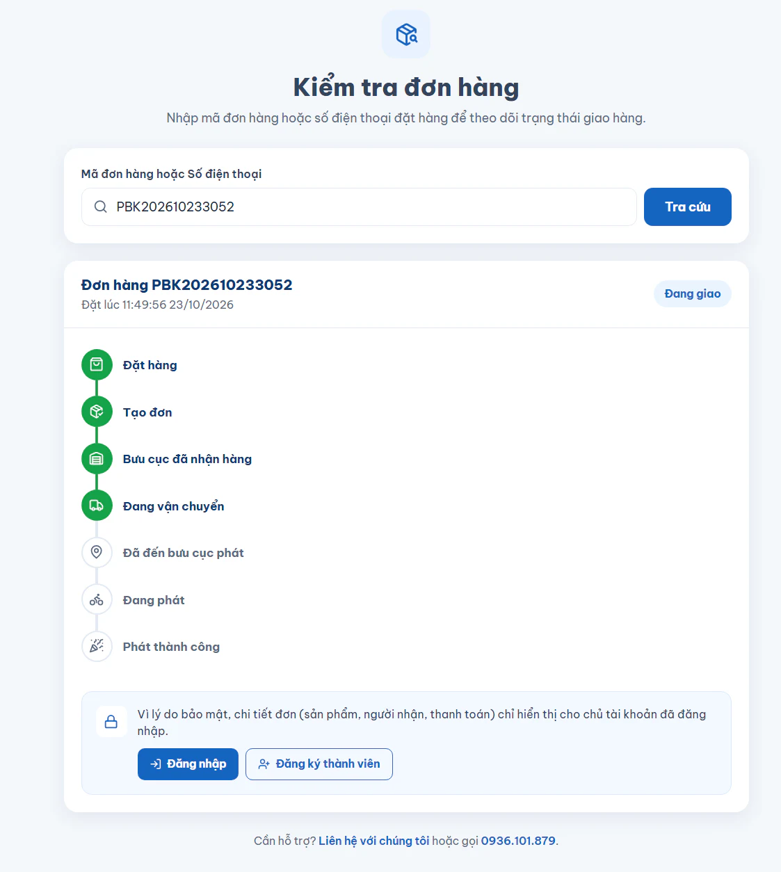 Trang Kiểm tra đơn hàng theo mã đơn hoặc số điện thoại, hiển thị hành trình giao hàng 7 mốc của VNPost