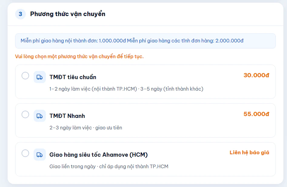 Chọn phương thức vận chuyển: TMĐT tiêu chuẩn, TMĐT Nhanh và Giao hàng siêu tốc Ahamove HCM liên hệ báo giá