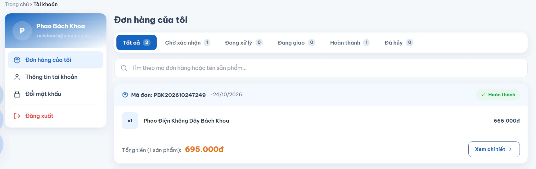 Trang tài khoản Đơn hàng của tôi liệt kê đơn theo trạng thái kèm mã đơn, tổng tiền và nút Xem chi tiết