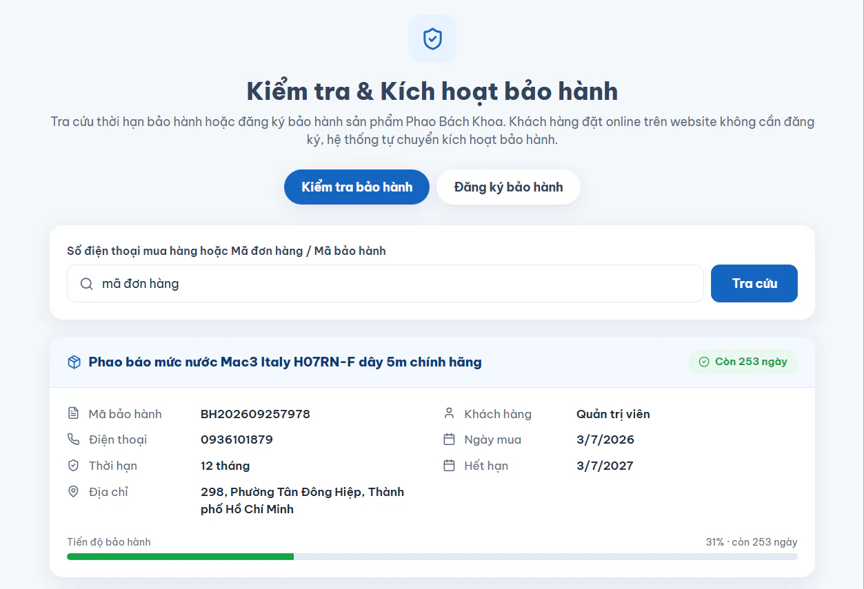 Quy trình mua hàng Phao Bách Khoa: tra cứu bảo hành điện tử hiển thị ngày hết hạn và số ngày còn lại