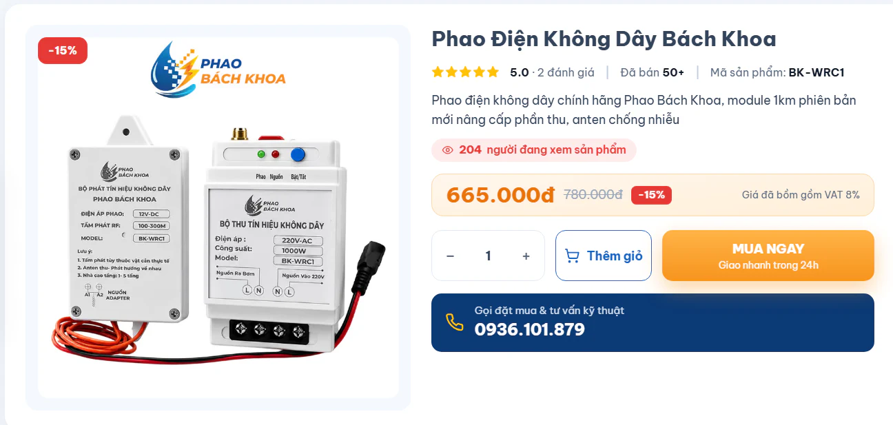 Trang chi tiết Phao điện không dây Bách Khoa giá 665.000đ đã gồm VAT, có nút Thêm giỏ và Mua ngay