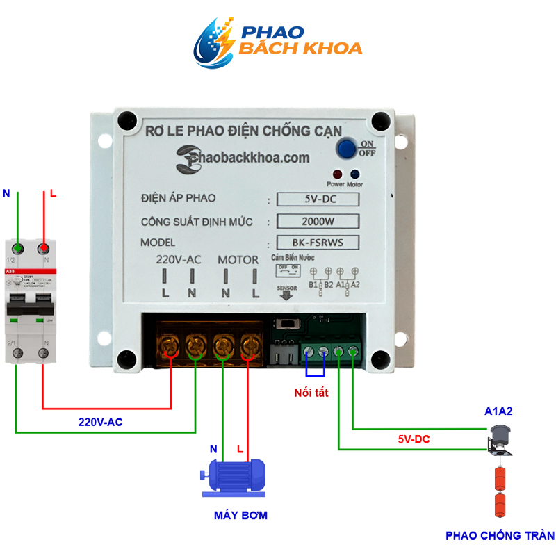 Sơ đồ lắp đặt 1 phao điện chống tràn Rơ le BK-FSRWS