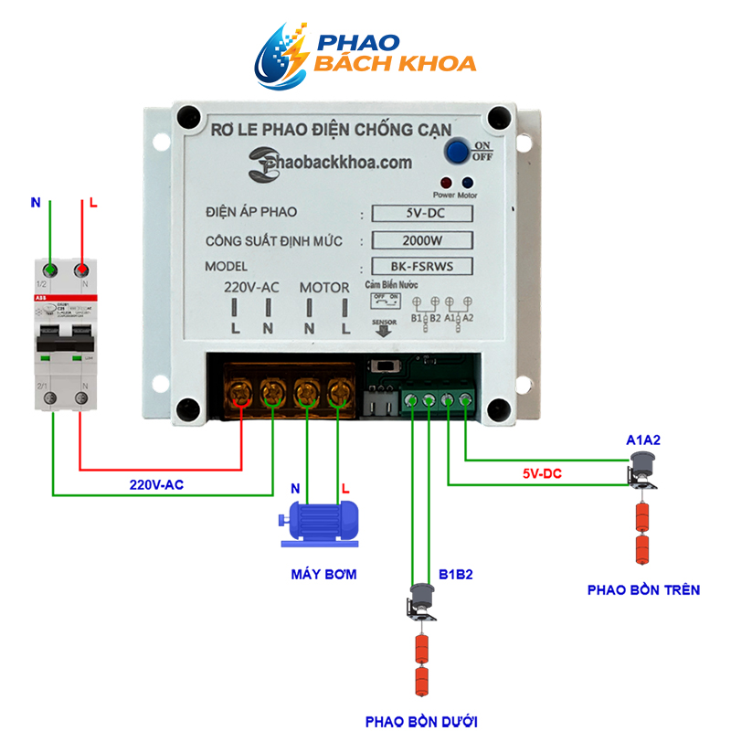 Sơ đồ lắp đặt 2 phao điện Rơ le Bách Khoa 5V-DC