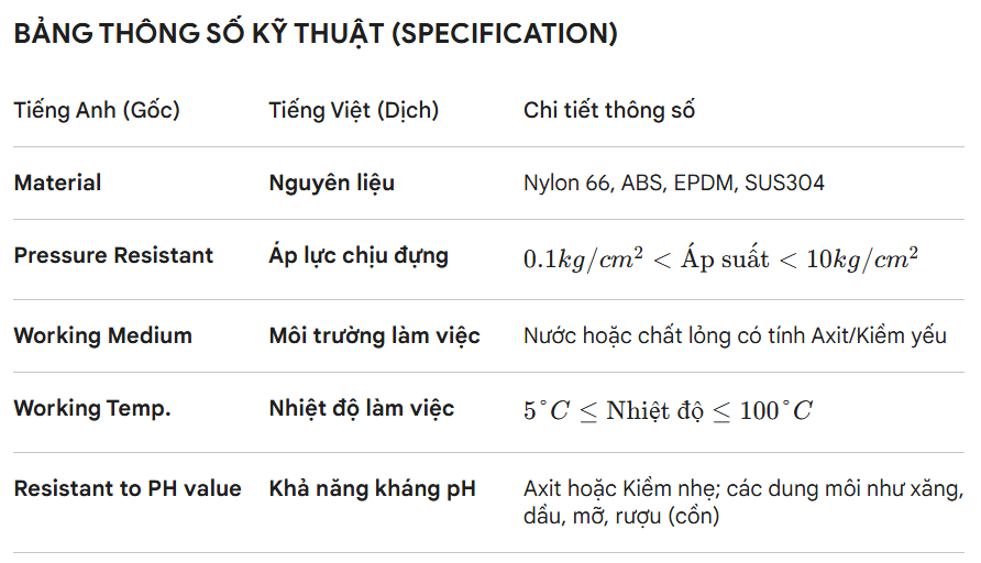 Thông số kỹ thuật phao cơ Onpas