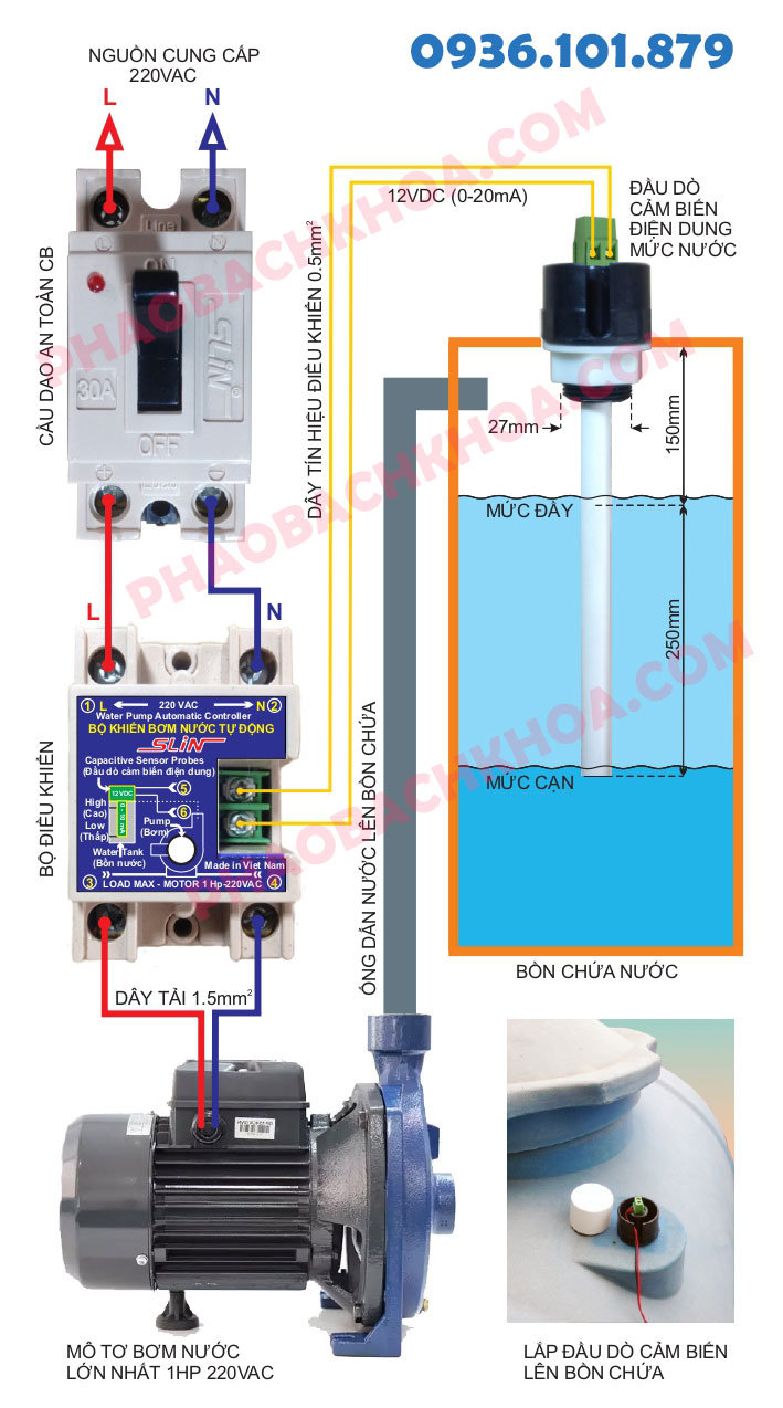Phao điện tử 12v - Chống tràn bồn nước không có phao điện cơ 8 Sơ đồ lắp đặt phao cảm biến điện tử 12VDC