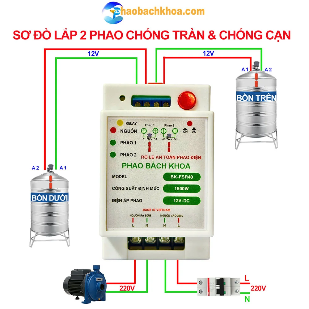 Sơ đồ lắp đặt phao chống tràn và chống cạn rơ le phao điện Bách Khoa