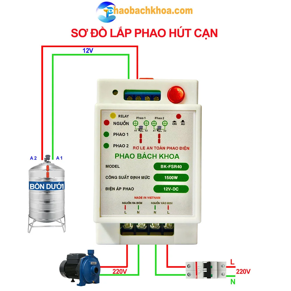 Sơ đồ lắp đặt phao hút cạn rơ le phao điện Bách Khoa