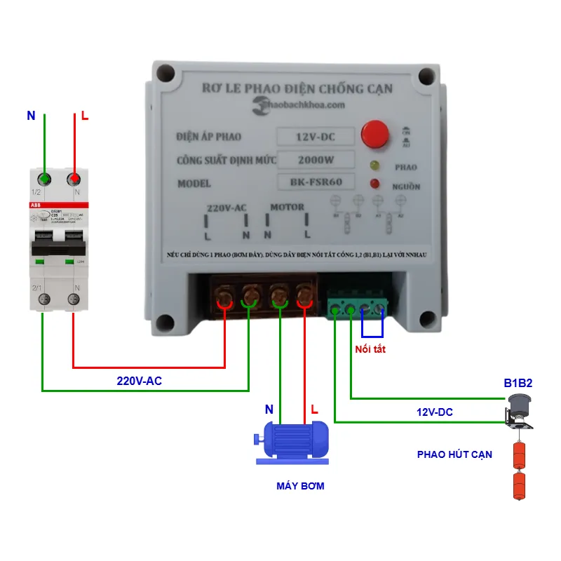 Relay phao điện an toàn Bách Khoa 12v dòng chịu tải max 60A 3 Lắp đặt rơ le 1 phao hút cạn BK-FSR60