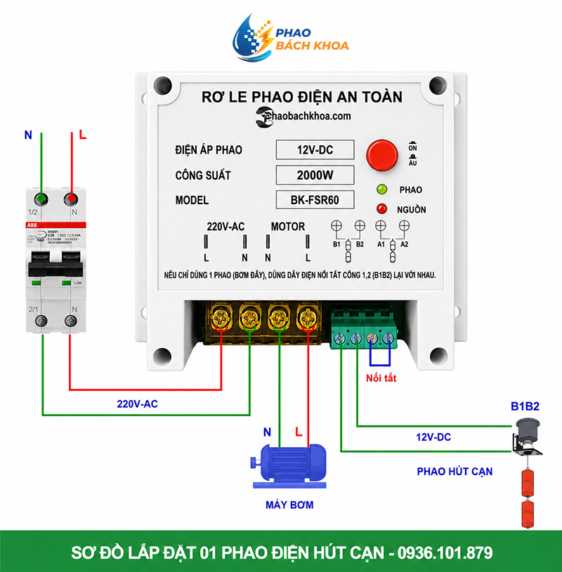Sơ đồ lắp đặt 1 phao điện hút cạn BK-FSR60 Bách Khoa