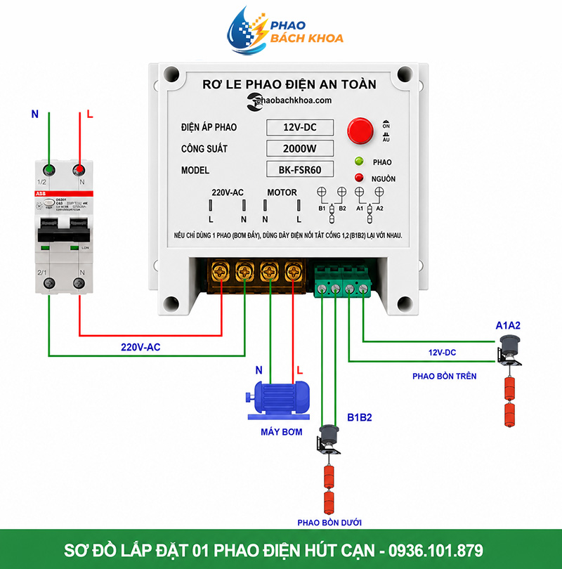 Sơ đồ lắp đặt hai phao điện chống tràn bảo vệ bơm Bách Khoa