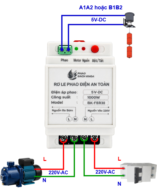 Rơ le phao điện an toàn Bách Khoa 5V-DC chịu tải max 30A 4 Sơ đồ lắp đặt phao điện an toàn Bách Khoa 30A