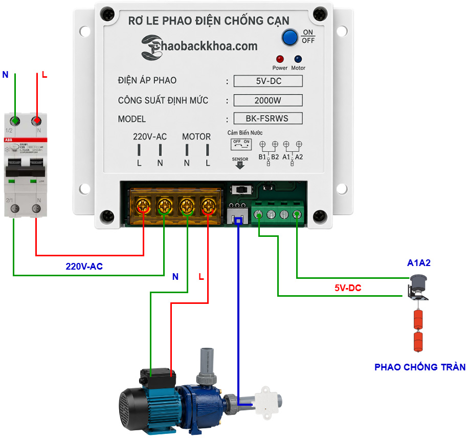 Rơ Le Chống Cạn Cảm Biến Nước 5V-DC Chống cháy máy bơm 2 So đồ lắp đặt rơ le chống cạn cảm biến nước BK-FSRWS