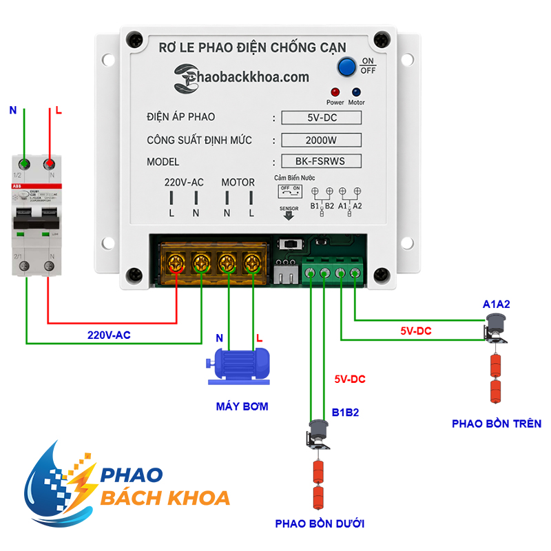 Rơ le an toàn Bách Khoa 60A sử dụng 2 phao Chống tràn và chống cạn bảo vệ bơm