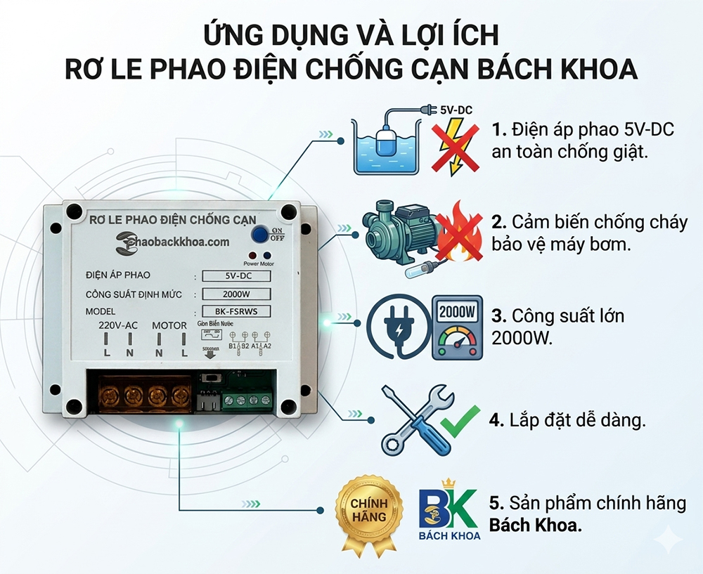Ưu điểm rơ le chống cạn cảm biến nước Bách Khoa